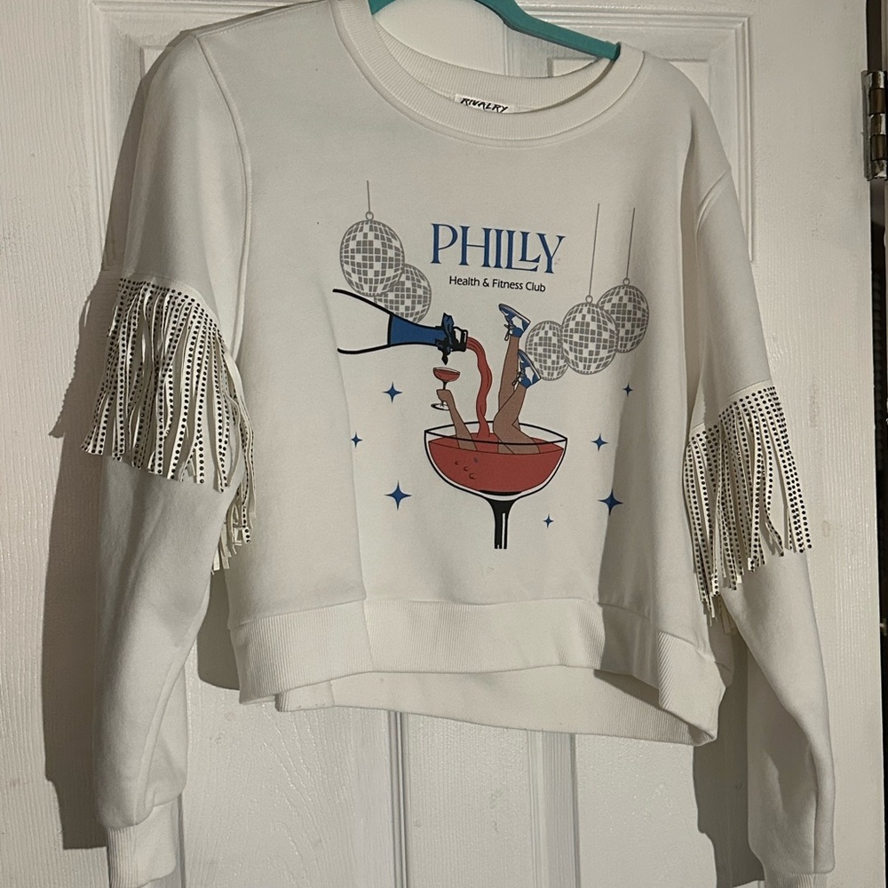White Fringe Sweatshirt with Graphic Print